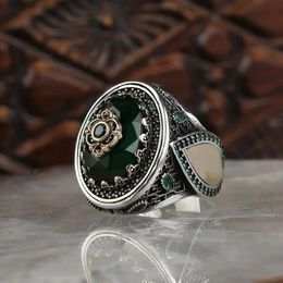 Wedding Rings Vintage Hand Engraved Pattern Turkish Signet Ring for Men Fashion Set Green Stone Seal Islamic Muslim Jewellery 231204