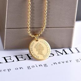 Pendant Necklaces Round Medal Queen Coin Titanium Steel Double Chains Women Necklace Clavicle Chain Girls Long Sweater174g