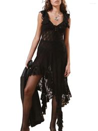 Casual Dresses Women Sheer Lace Dress Summer Bandage Cutout Irregular Ruffle Party For Cocktail Beach Y2K Streetwear