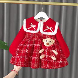 Girl's Dresses Girls Dress Plaid Plush Dresses for Kids Autumn/Winter Children Princess Costume Christmas Party Baby Girl Clothes 231204