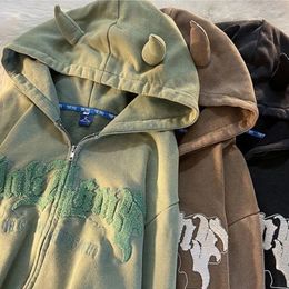 Men's Hoodies Cute Fleece Men Full Zip Sweatshirts Korean Y2k Letter Hip Hop Streetwear Zipper