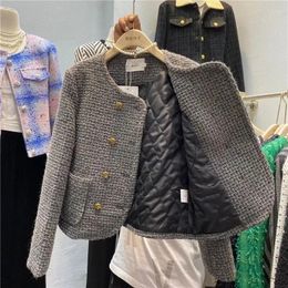 Women's Jackets Winter Padded Tweed Jacket Women Vintage Korean Fashion O-Neck Double Breasted Short Coat Office Lady Thick Wool Blend