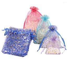 Jewellery Pouches 20pcs/lot Gold Colour Pattern Organza Gift Bag Wedding Candy Bags Colourful Packing Drawstring Pouch Wholesale