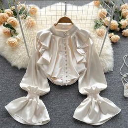 Women's Blouses Smlinan High Quality Satin Loose Shirt Long Flared Sleeves Ruffles O Neck Beading Women Gentle Office Lady Casual Blouse