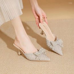 Slippers 2023 Pointed-toe Lazy Person Wearing Women Shoes Spring Mules Single Thick Heel Half Ladies Sandals