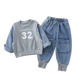 Clothing Sets Children's Sport Suits 2-6Years Spring Autumn Baby Boy Suit Kids Patchwork Sweater Jeans 2Pcs Girls Sets Toddler Clothes Set 231202