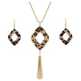 Earrings & Necklace Long For Women Leopard Print Cheetah Leather Drop Dangle Set Geometric Pendant Fringe Tassel2819