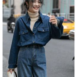 Women's Blouses 2023 Vintage Demin Shirt For Women Autumn Single-breasted Jeans Female Pockets Loose Fashion Lapel Cowboy Blusas