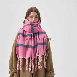 Scarves Hand Knotted Tassel Scarf Pink Checkered Cashmere Wrap Winter Thickened Warm Shawl Student Couple Pashmina Hairy Bufanda Blanket J231204