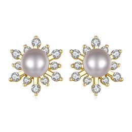 New Freshwater Pearl Zircon Snowflake S925 Silver Stud Earrings Jewellery Fashion Women Plated 18K Gold Vintage Earrings Women Wedding Party Valentine's Day Gift SPC