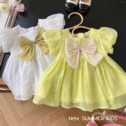 Girl Dresses 0-6y Girls Bows 2023 Summer Korean Children's Clothes Kids Puff Short Sleeve Baby Solid Simple Princess