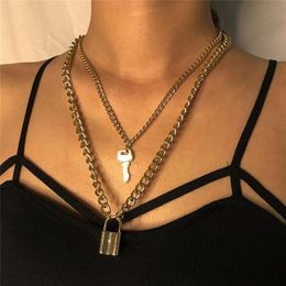 Key Padlock Pendant Necklace for Women Gold Silver Lock Necklace Layered Chain on the Neck With Lock Punk Jewelry2604