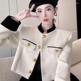 Women's Jackets WDMSNA British Style Woolen Short Jacket For Women 2023 Stand Collar Coat Top Outerwear Contrasting Edge Patchwork