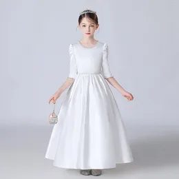 Girl Dresses Soft Satin Pearls Elegant First Communion Dress Concert Wedding Party Junior Bridesmaid Pleated Pageant Princess Gown