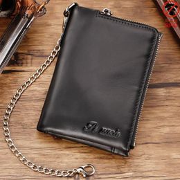 Cow Leather Men's Wallet With Coin Purse Retro Fashion Thin Chain Black Short Card Holder Clutch Bag Wallets2709