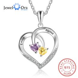 Charms 925 Sterling Silver Personalised Heart Necklace with 2 Birthstones Engraved Name Couple Necklace Silver Jewellery Gifts for Wife 231204