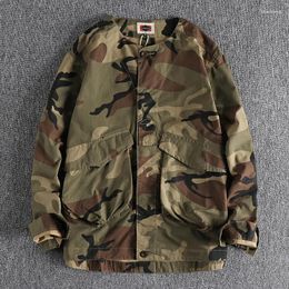Men's Casual Shirts Spring And Autumn Trendy Fashion Washed Camouflage Workwear Collarless Shirt All-match Retro Long-sleeved Jacket