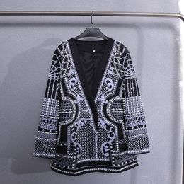 Luxury Beads Women Blazer Winter Long Sleeve Office Female Streetwear Coat Jacket Dress One Piece