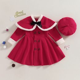 Clothing Sets 3 7Y Kids Girls Autumn Winter Clothes Set Baby Long Sleeve Double breasted Red Coat Dress Shawl Beret Hat Christmas Outfits 231204