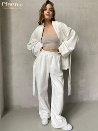 Women's Two Piece Pants Clacive Winter Loose White 2 Sets Women Outfit Casual Long Sleeve Lace-Up Robes With High Waist Wide Set Homesuits