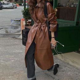 Women's Leather Autumn Winter Vintage Trench Coat Women Lapel Single Breasted Loose Long PU Cool Fashion Classic Casual