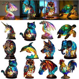 Night Lights Resin Stained Glass Animal Table Light Night Light Owl Horse Rooster Elephant Table Lamp for Living Room Home Bedroom Decoration YQ231204