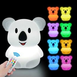 Night Lights Koala LED Night Light Touch Sensor Remote Control 9 Colours Dimmable Timer Rechargeable Silicone Animal Lamp for Kids Baby Gift YQ231204