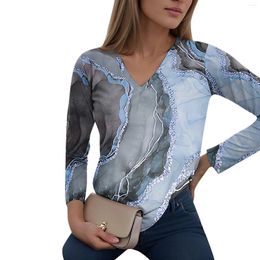 Women's T Shirts Casual Tee Shirt Fashion Color Marble Print Tops Long Sleeve V-Neck Slim Fit Regular Pullover Ropa Mujer Juvenil