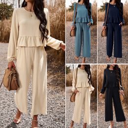 Women's 2024 spring summer temperament casual suit solid Colour long-sleeved blouse loose pants