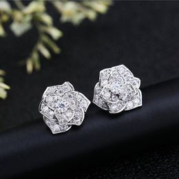 Elegant Flower Lab Diamond Stud Earring Real 925 sterling silver Jewelry 24K Gold Party Wedding Earrings for Women Bridal330P