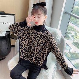 Ställer in barns mode leopard tröja vår höst flickas utländska stil kläder barn höghalsade botten tröjor p435 231202