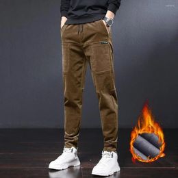 Men's Pants Side Pocket Men Thickened Fleece Lining Corduroy Trousers Winter Casual With Elastic Waist Straight Fit