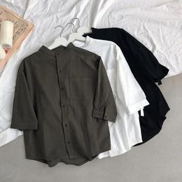 Men's Casual Shirts Lightweight Linen Shirt For Men Stylish Summer Stand Collar Roll-up 3/4 Sleeve Solid Streetwear