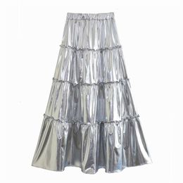 Two Piece Dress Silver Tiered Metallic Pleated Flowy A line Skirts High Street Women's Elastic Waist Cake Midi Skirt for Party 231202