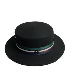 Berets Star's Same Wide Brim Flat Top Hat Autumn And Winter Wool French Minimalist Striped Belt Suitable For Both Men Wo