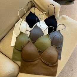 Yoga Outfit Seamless Crop Top Women Underwear Wire-Free V-Shaped Camisole Thin Straps Striped Solid Bralette Lingerie One-Piece Tube Tops