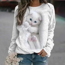 Women's T-Shirt Pet Pattern T-Shirt Women Lovely Cat Tops O Neck Long Sleeve Graphical Pullover Autumn Winter Y2K Clothes T231204