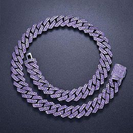 15mm Iced Cuban Link Prong Chain 2 Row Purple CZ Diamond Cubic Zirconia Hiphop Jewelry 16inch-24inch Choker Necklace307q