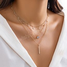 Layered Chains with Small Crystal and Stick Pendants Necklace for Women Trendy Ladies Office Accessories on Neck Fashion Jewellery