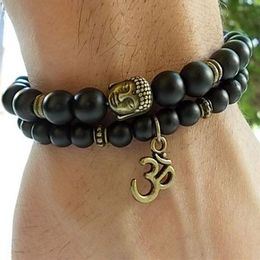 SN0139 Set of 2 Buddha bracelets Yoga and Meditation bracelet Men Matte Agate bracelets Black Onyx Bracelet340Q