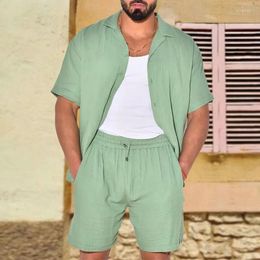 Men's Tracksuits Spring Summer Men Suit Simple Short-sleeve Shirts And Shorts Solid Two-piece Set Oversized Loose Linen Clothing Outfits