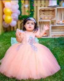 Eleagnt Pink Flower Girl Dresses Jewel Neck Lace Beaded Ball Gown Custom Made for Party Gowns for Children