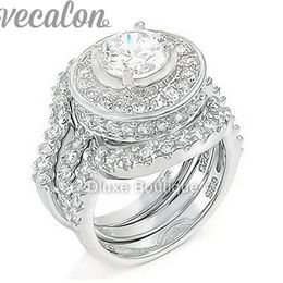 Vecalon fashion ring Simulated diamond Cz 3-in-1 Engagement Band Wedding Ring Set for Women 10KT White Gold Filled finger ring2214