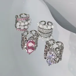 Cluster Rings Sweet Cool Wind Princess Pearl Powder Diamond Zircon Small Design Sense Ring With Double Layer Opening Sparkling