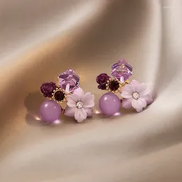 Stud Earrings Light Luxury Purple Crystal Flower For Woman Korean Fashion Jewellery Wedding Party Girl Elegance Set Accessories