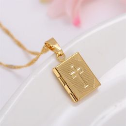 Bible 18k Yellow Gold GF Box Open Pendant Necklace Chains Crosses Jewellery Christianity Catholicism Crucifix Religious2156
