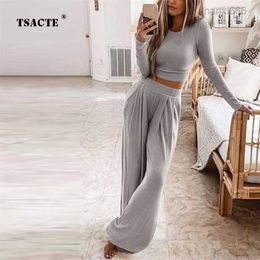 Womens Solid Knitted Casual Home Wear Slim Twopiece Wide Leg Pants Set Ladies Clothes Suit 220727