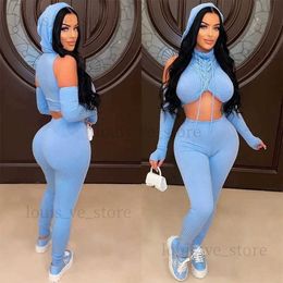Women's Two Piece Pants 2023 Autumn Winter Ribbed Two Piece Set Turtleneck Off Shoulder Long Sleeve Hooded Cross Crop Tops High Waist Pencil Pants Suits T231204