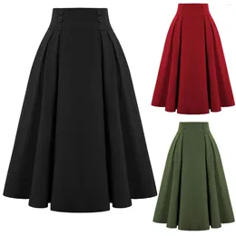 Skirts 2023 Solid Colour Vintage Fashion High Waist For Women Black Red Yellow Green Summer Button Midi Skirt