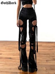 Women's Pants Capris Goth Dark Velvet Hollow Out Mall Gothic Pencil Pants Grunge Aesthetic Punk Sexy High Waist Trousers Y2k Bandage Women Alt Bottom 231204